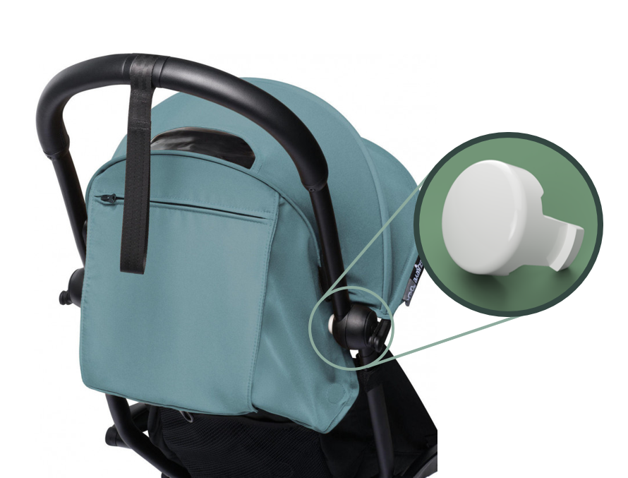Teal baby stroller with black handle and close-up of a white button on a white background